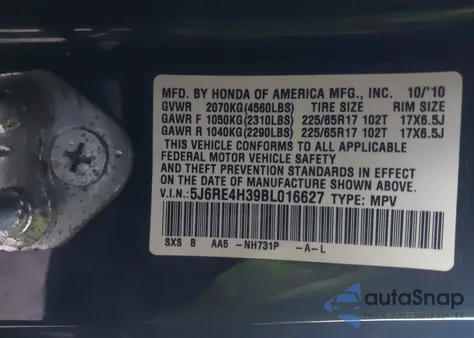 2011 Honda Cr-V Lx из США, поврежденный, VIN 5J6RE4H39BL016627